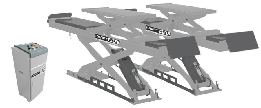 Ножничный подъемник KraftWell KRW55WA-LT г/п 5,5 т., заглубляемый, платформы для сход-развала с подъемником второго уровня